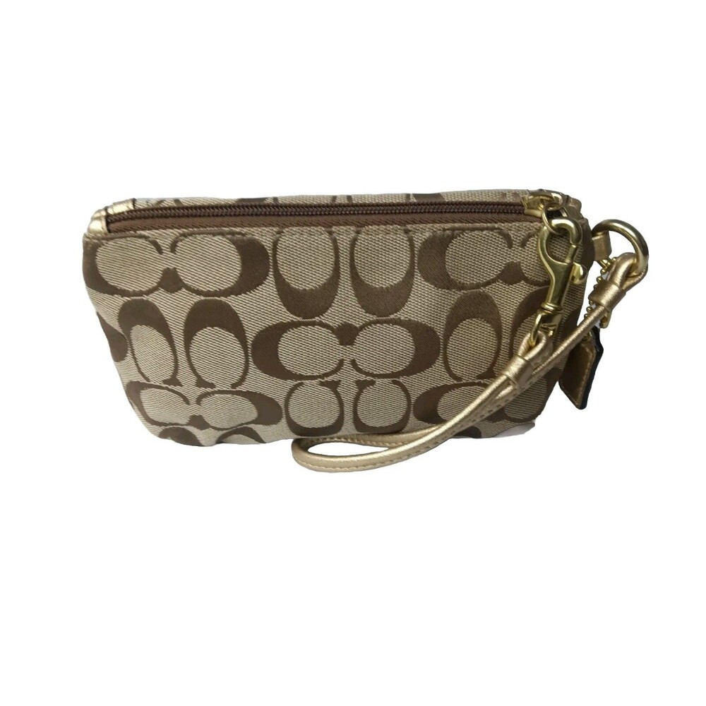 Vintage Coach Signature C Leather Trim Wristlet Khaki & Gold Turnlock - Picture 2 of 7
